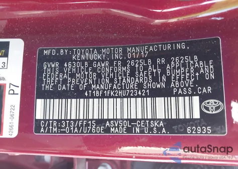 2017 Toyota Camry Se from USA, damaged, VIN 4T1BF1FK2HU723421